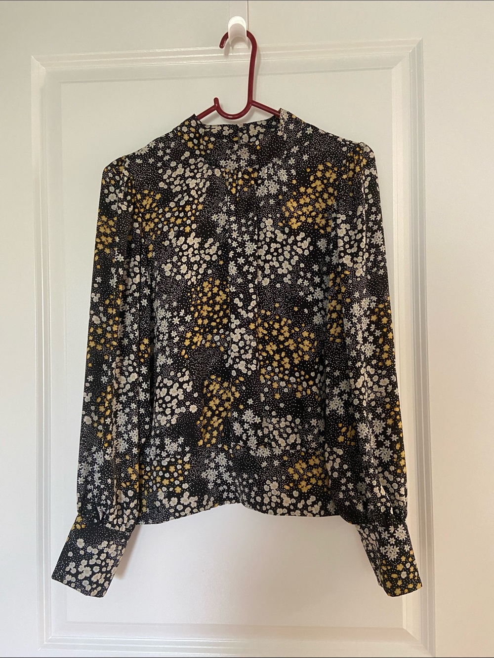 Ann Taylor Black Floral Long-Sleeve Blouse with Mustard & White Accents